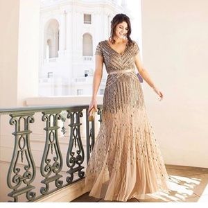 Adrianna Papell Gold Beaded V-neck Gown